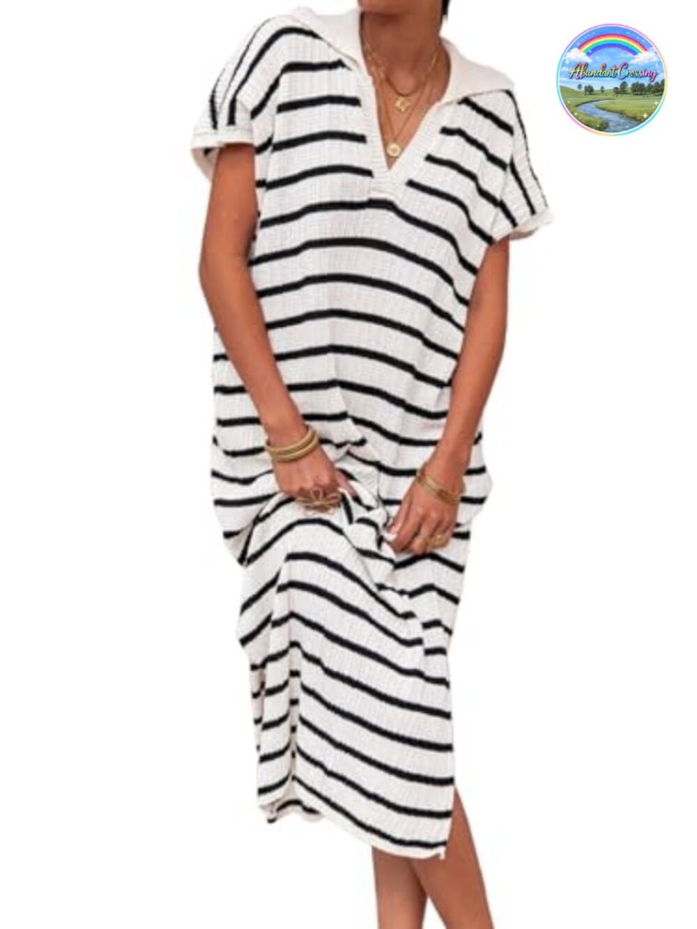 Women's Striped Sweater Dress V-Neck Short Sleeve Ribbed Knit Midi Dress